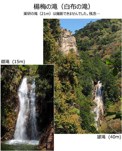 写真：白布の滝（楊梅の滝）全76mの中の、雄滝（40m）と雌滝（15m）。残念ながら薬研の滝は見られず......